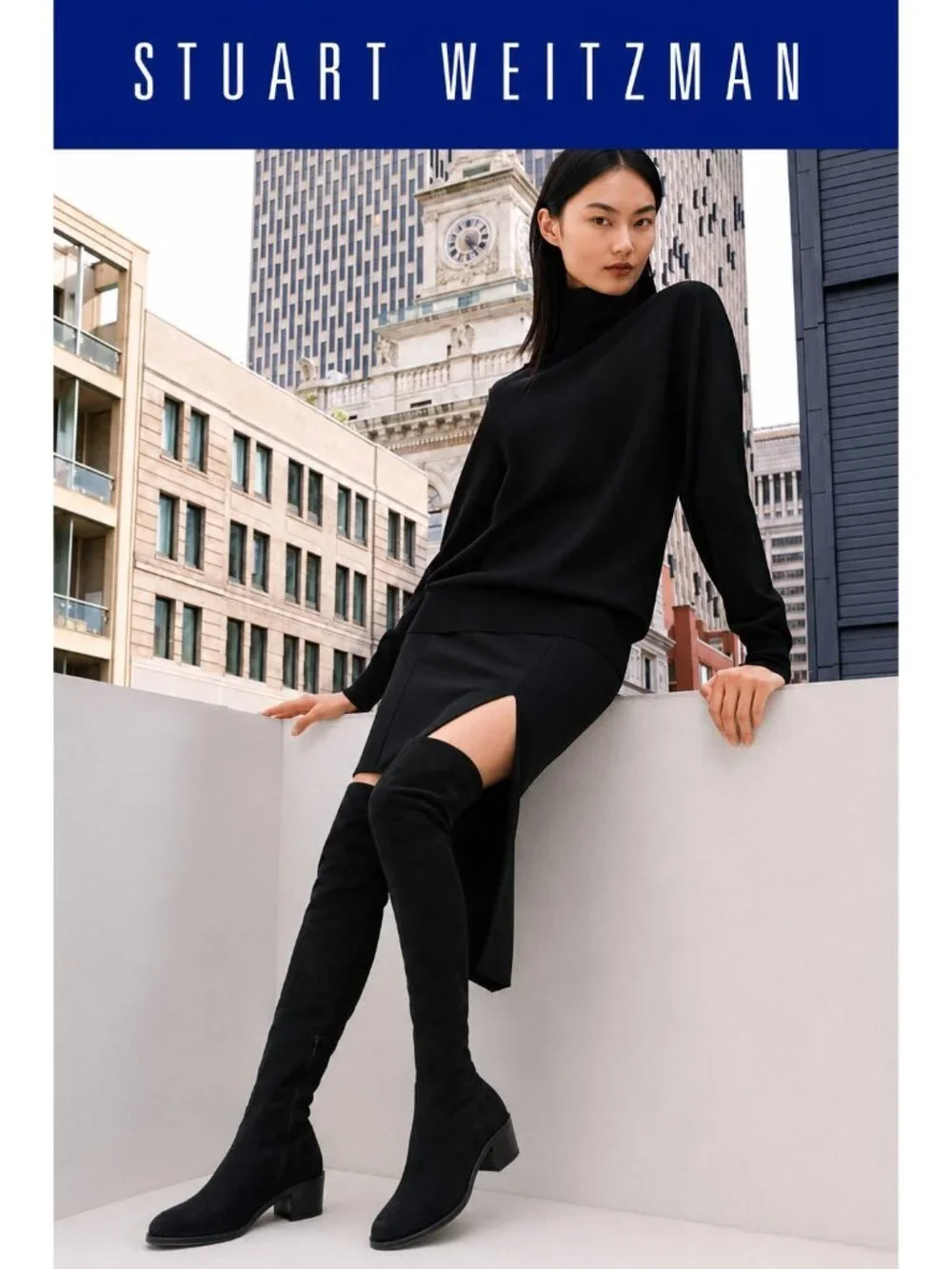 Stuart Weitzman 5.5 M Black Suede Over The Knee Boots Low Heel Tall Zip OTK